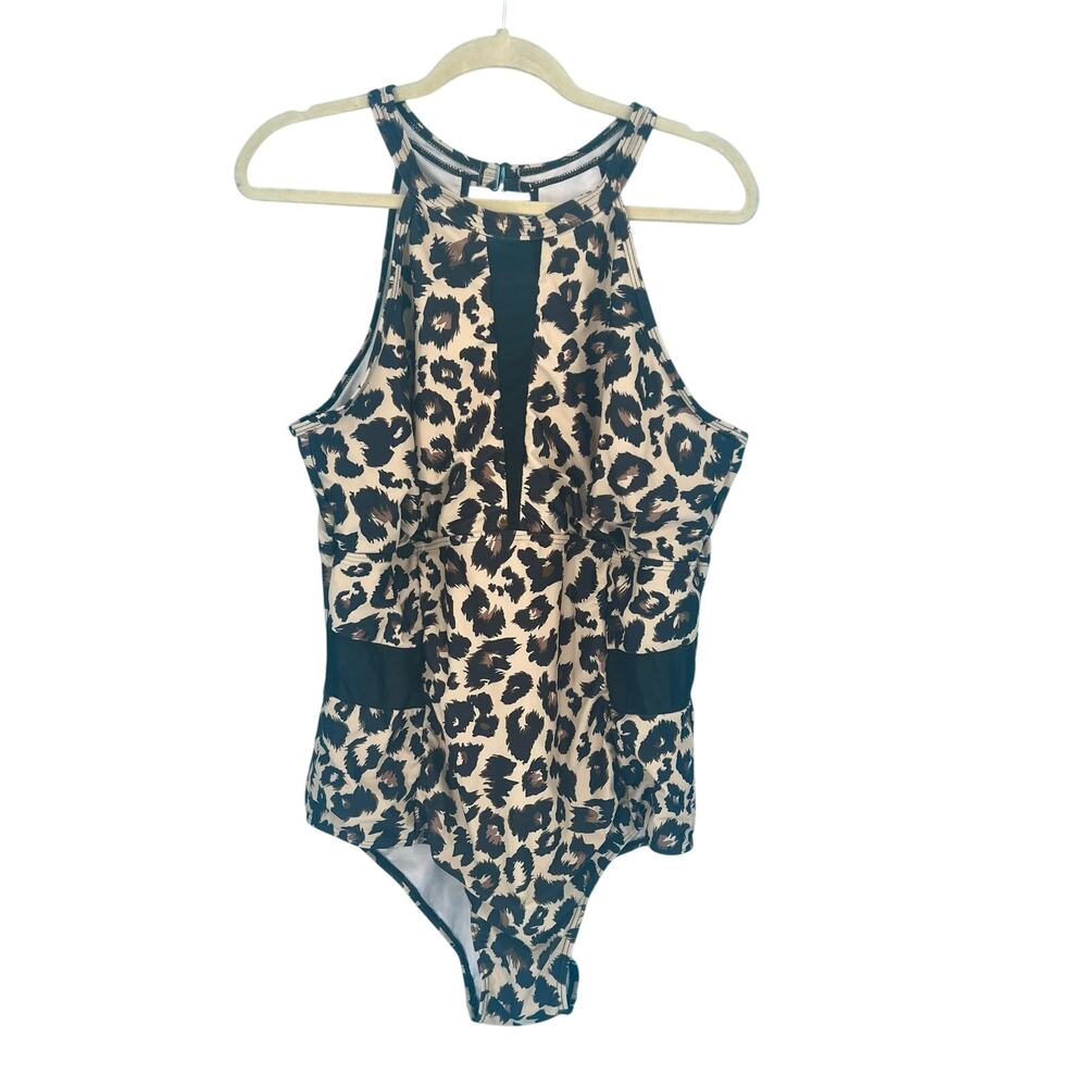 Leopard Print with Black Mesh Accents 1-Piece Swimsuit Size 20W
